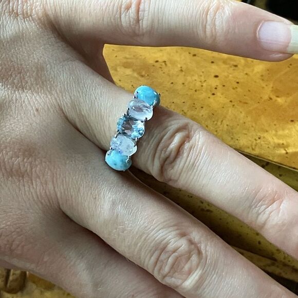 Blue Topaz Rainbow Moonstone Sterling Silver Ring Size 7 - Picture 4 of 9